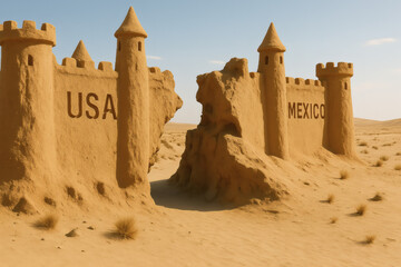 Sandcastle border wall between USA and Mexico