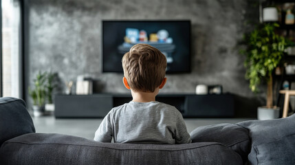back view of little boy watching cartoons on tv in living room