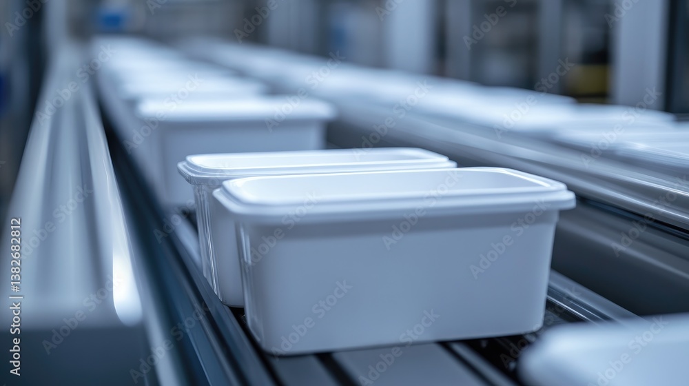 Poster A close-up of white plastic containers being processed on a factory conveyor belt, emphasizing the smooth, automated manufacturing workflow