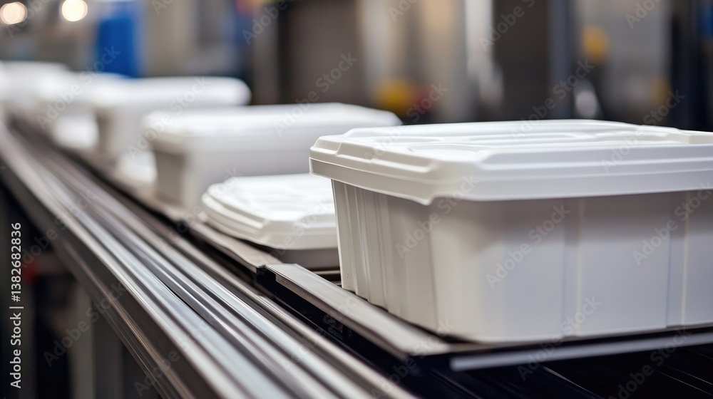 Aufkleber a close-up of white plastic containers being processed on a factory conveyor belt, emphasizing the s