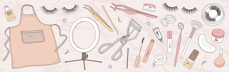 Set of hand drawn eyelash extension tools isolated on background. Vector illustration