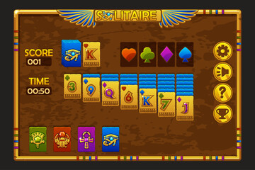 Solitaire game UI in Egyptian style. Background and buttons for game assets. Egyptian game frame