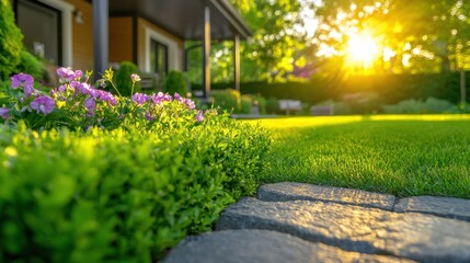 Obraz premium Tranquil garden path lined with lush foliage and vibrant flowers leading to a cozy residential home bathed in the warm golden glow of a serene sunset Peaceful
