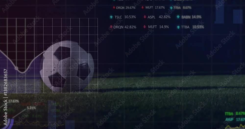 Poster soccer ball on field with financial data processing animation overlay