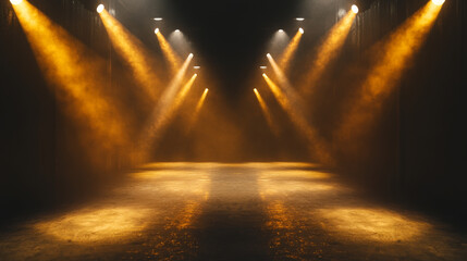 Corridor illuminated by spotlights. Empty road or gallery with yellow beams of lamps and spots of light on floor. Vector realistic interior of dark hall, studio or theater stage with projectors rays