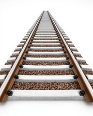 Straight Railway Track on White Background with Gravel and Sleepers
