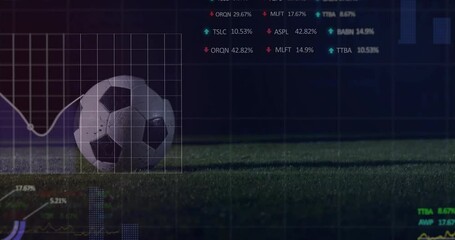 Soccer ball on field with financial data processing animation overlay - Powered by Adobe