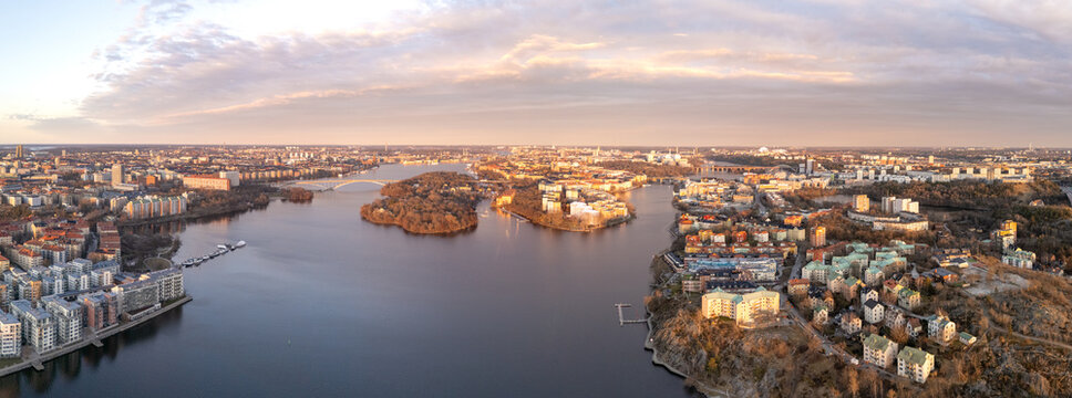 Panoramic view of Stockholm, S&ouml;dermalm, Gr&ouml;ndal and lilla Essingen, at sunset, early spring. Sweden.