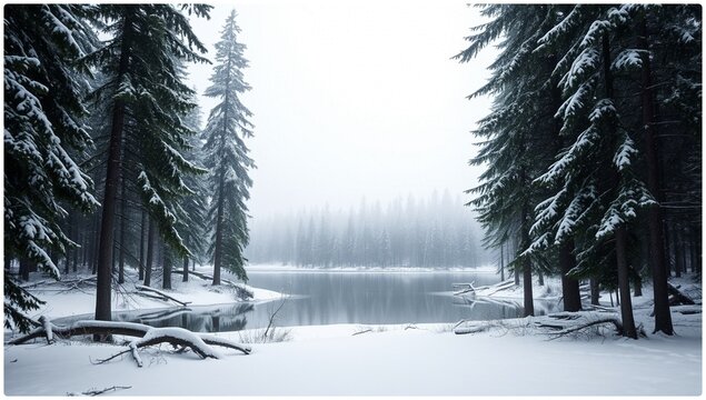 Snowy pine trees pierce the cold, white winter landscape