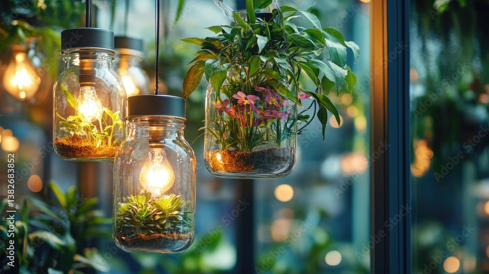 Poster a collection of hanging glass jars with vibrant plants inside, illuminated by glowing light bulbs an