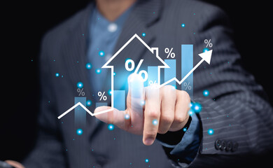 Businessman hands and virtual graph showing real estate market growth. Perfect for financial, real...