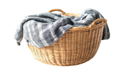 A wicker laundry basket filled with a gray and white checkered blanket on a black background view