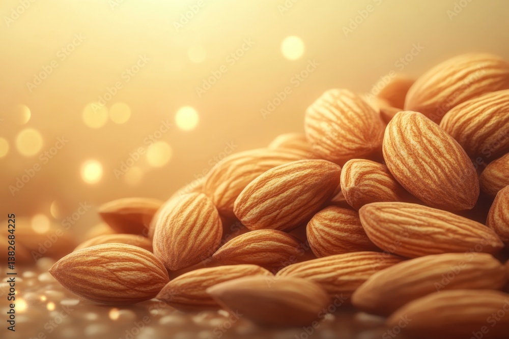 Poster almonds arranged on a reflective surface with a warm glow in a cozy setting