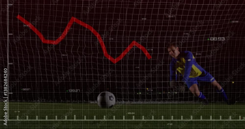 Poster diving to save ball, goalkeeper with financial graph animation on net