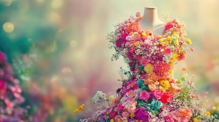 A creative and colorful floral dress made entirely of fresh flowers, draped over a mannequin, creating an artistic fusion of fashion and nature in a soft, blurred background