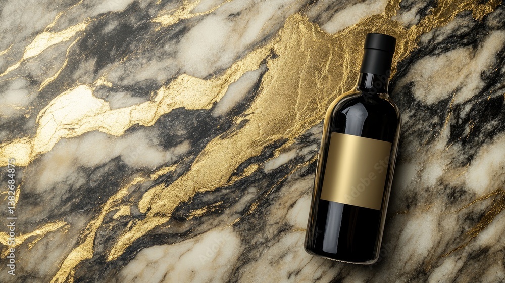 Poster a dark glass bottle with a blank gold label rests elegantly on a marble surface with striking gold v