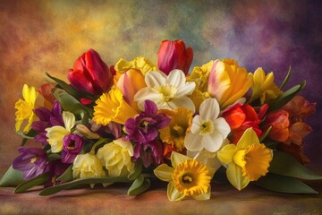 A vibrant spring bouquet of tulips and daffodils in various colors, artistically arranged.