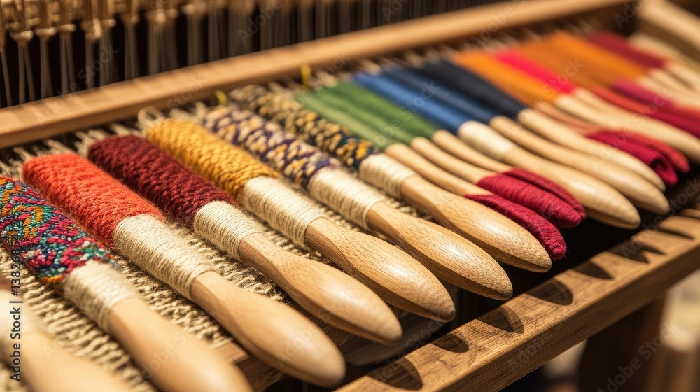 Aufkleber A detailed view of a weaving loom with threads arranged vertically, wooden shuttles ready for weaving, emphasizing the intricate process of textile creation and craftsmanship