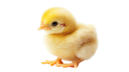 Fototapeta premium Close up of a fluffy yellow chick standing on a black background looking to the left side view
