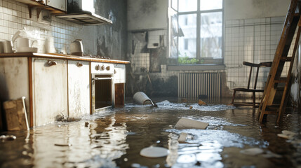 Flood in broken kitchen house room vector cartoon background. Pipe leak insurance problem in abandoned messy home. Leakage disaster damage on day scene with nobody and sewage on apartment floor.
