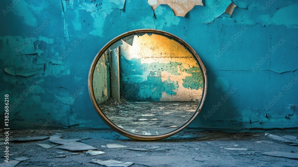 Poster a fragmented mirror on the floor of an old room with decaying teal walls, reflecting the light of a 