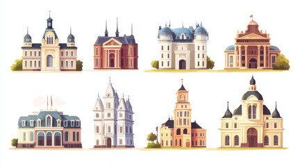 Urban retro colonial style building cartoon vector set illustration. Old residential and government buildings, church, Victorian houses isolated on white background