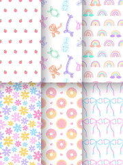 Seamless Baby backgrounds in flat style. Bright seamless patterns for babies, greeting cards, birthday. Design of textile, covers, stationery, scrapbooking, surfaces, wallpaper, wrapping paper