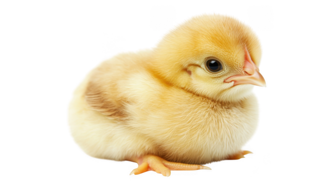Close up of a small yellow chick with a black background looking to the right side of the frame