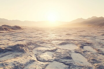 Sunset over a desolate, rocky landscape with hazy mountains in the background.