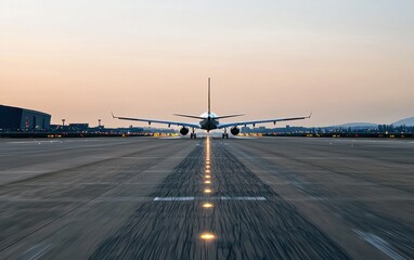Obraz premium Airplane Taxiing on Runway at Dawn