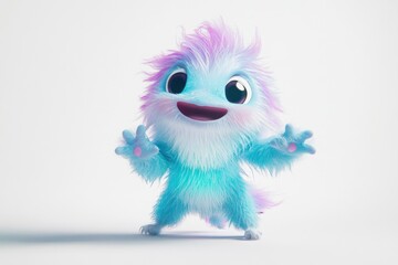 A cheerful, fluffy, light blue monster with pink hair waves hello.