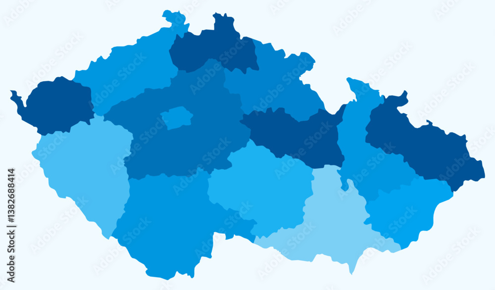 Poster map of czechia with regions. just a simple country border map with region division. light blue color