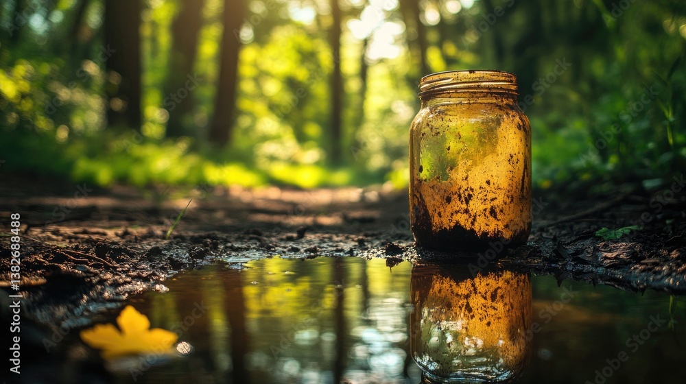 Poster a muddy glass jar resting by a small puddle, reflecting trees and sunlight in a serene forest settin