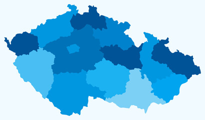 Map of Czechia with regions. Just a simple country border map with region division. Light blue color palette. Blank Czechia shape with administrative division. Vector illustration.