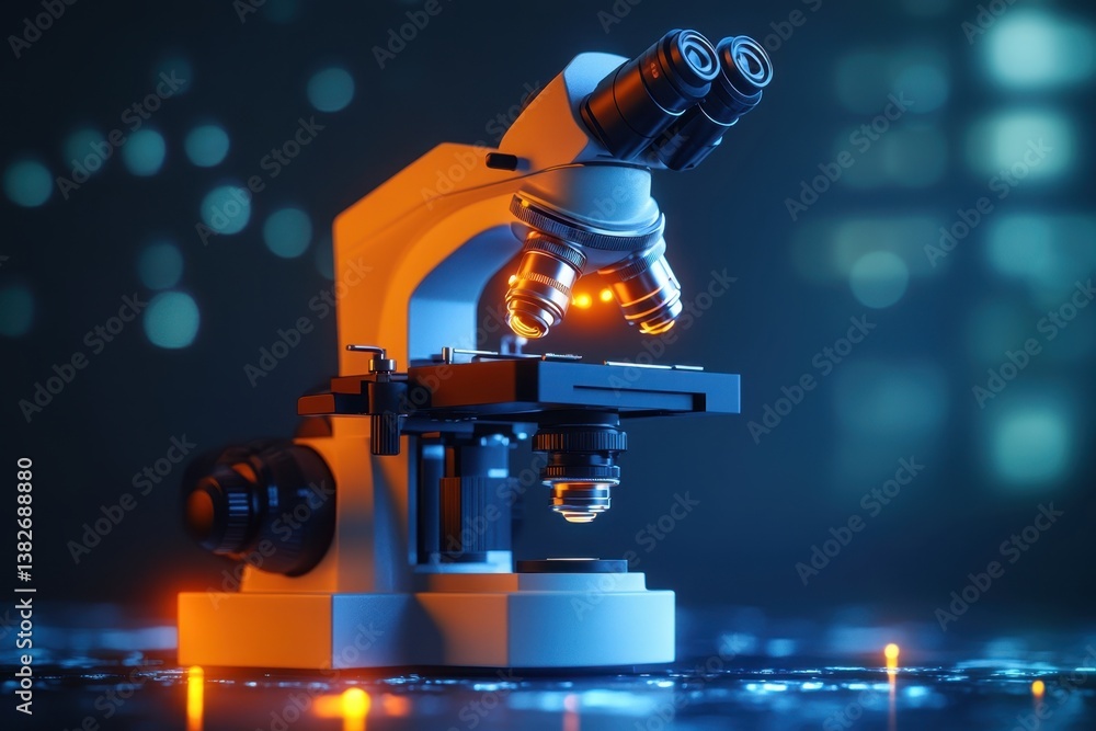 Poster modern laboratory microscope illuminated in a dark environment showcasing advanced technology