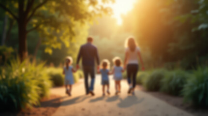 Fototapeta premium A family walks in the park, enjoying the warm evening light