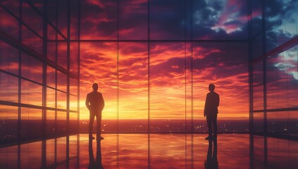Two figures stand in a glass building overlooking a vibrant sunset landscape.