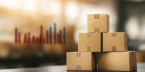Pile of cardboard boxes with blurry financial chart in background, representing export-import business, American tariffs, e-commerce logistics, global trade tension, copy space, selective focus