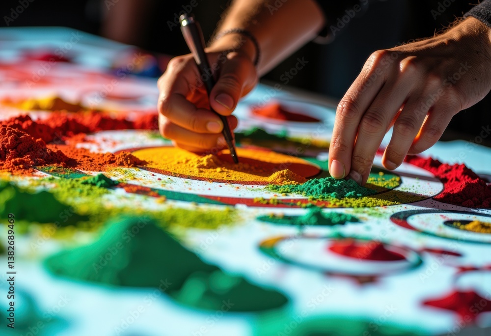 Poster hands creating colorful patterns with vibrant powders on a surface