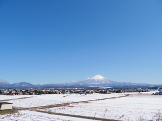  雪化粧の大山と田舎道 