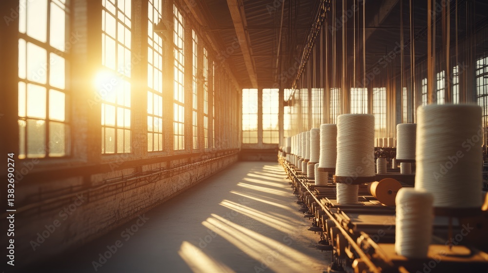 Aufkleber a row of spools of yarn arranged in an industrial factory, illuminated by warm sunlight filtering th