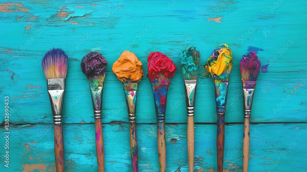 Poster a row of vibrant paintbrushes, each with unique colorful paint stains, set against a rustic teal woo