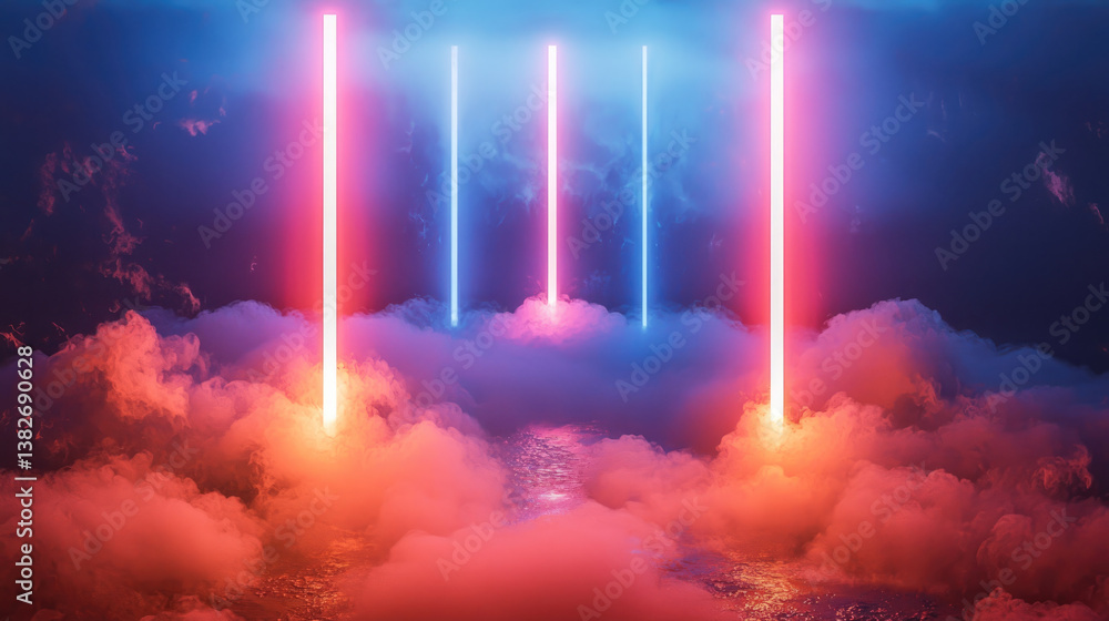 Poster vibrant abstract scene featuring glowing neon lights in pink and blue hues, surrounded by colorful c