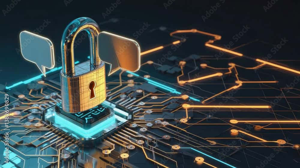 Aufkleber digital fortress: conceptual illustration of a padlock superimposed on a computer circuit board, sym
