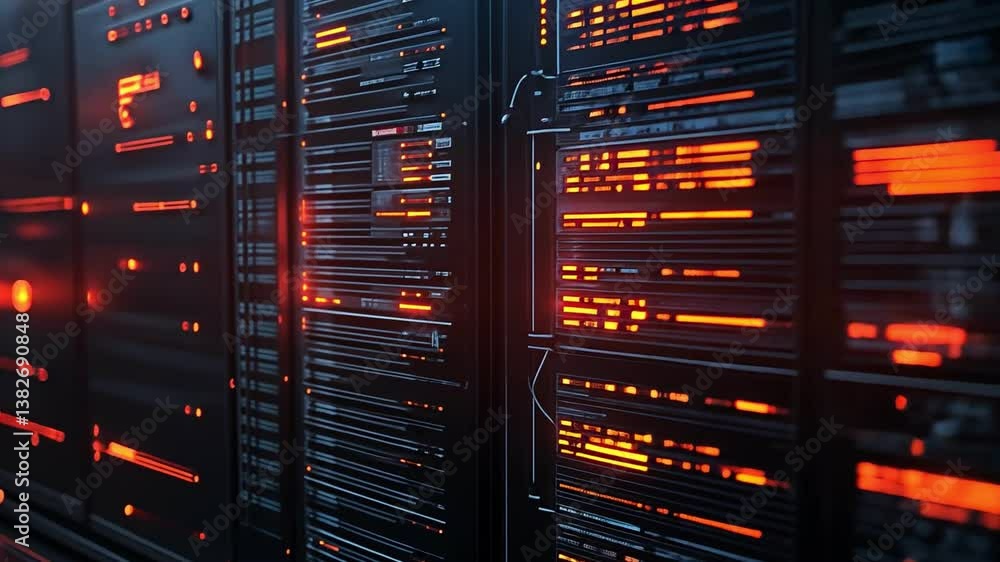 Poster futuristic server technology with glowing data panels and vibrant lights, showcasing advanced digita