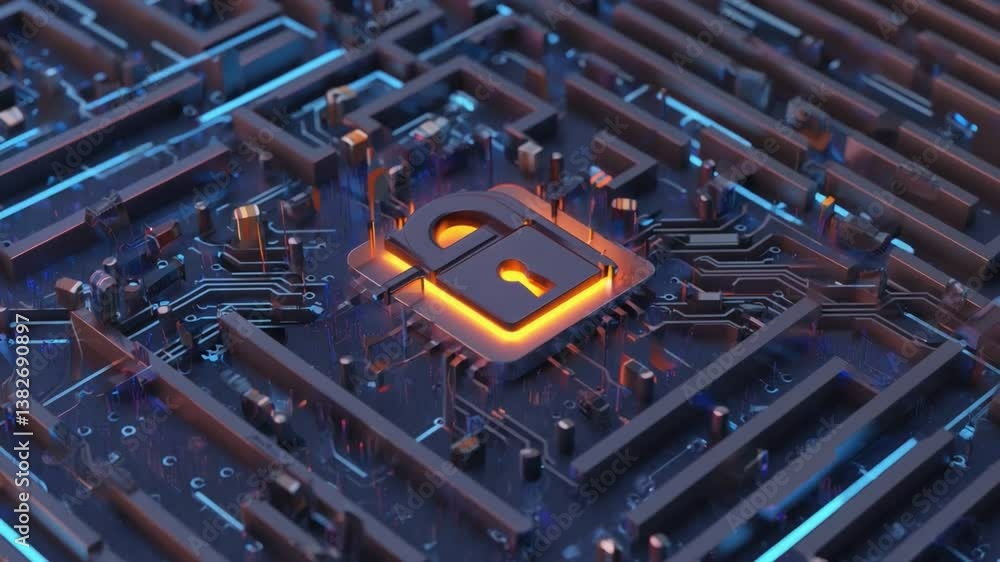 Aufkleber cybersecurity maze: intricate electronic pathways converge around a glowing padlock, symbolizing dig