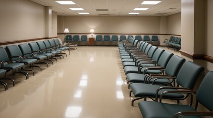 A serene scene of empty chairs in a medical waiting area.