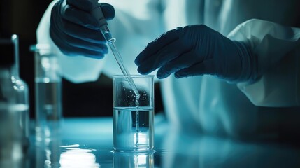 A scientist carefully takes a water sample from a clear body of water into a test tube, preparing for analysis in a lab setting, ideal for environmental science and research