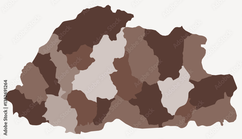 Poster map of bhutan with regions. just a simple country border map with region division. brown color palet
