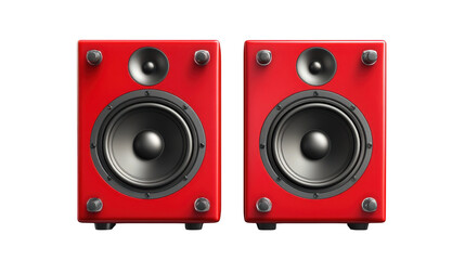 A pair of red studio monitor speakers with black woofers on a black background in a studio setup